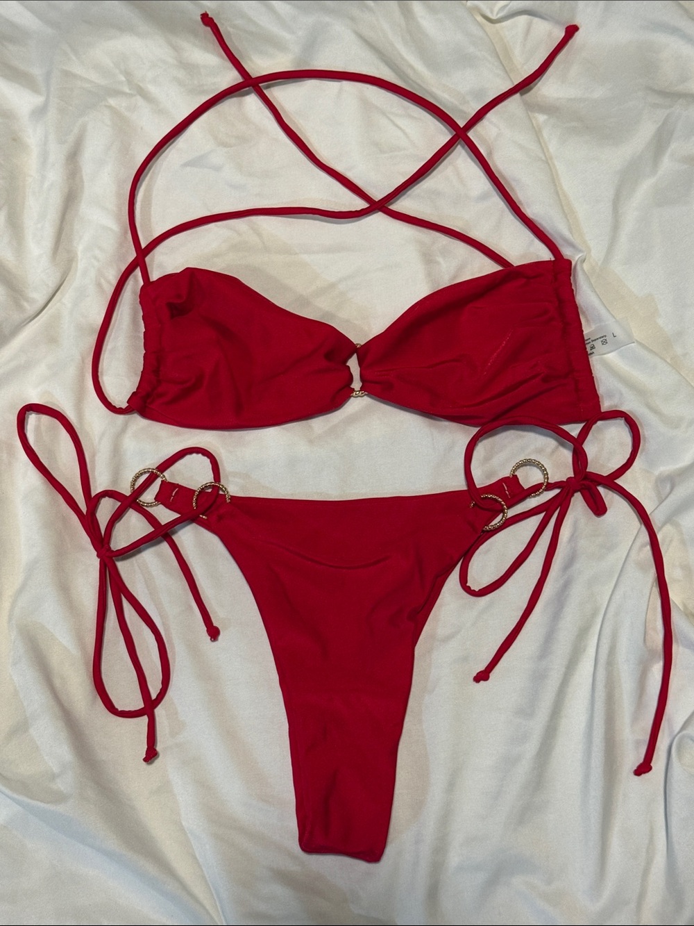 SHEIN Shiny Red Side-Tie Bikini Set with Gold Metal Accents Large NWOT